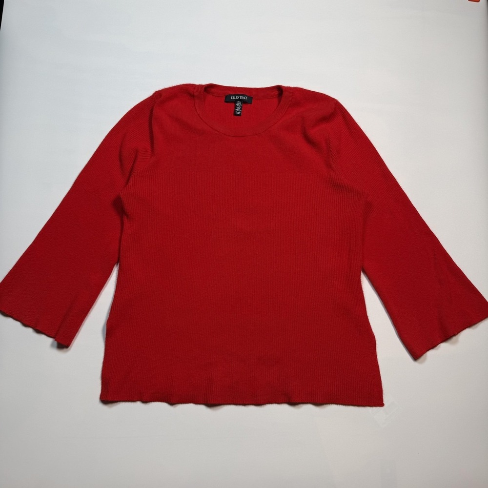Ellen Tracy Sweater Womens XL Red Bell Sleeve Stretch Crew‎ Neck Knit Top